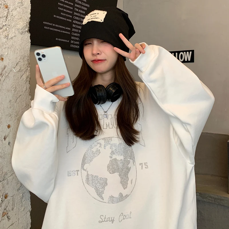

Earth Printing Women Hoodies Sweatshirts Autumn Harajuku Casual Vintage Embroid Long Sleeve Letters Oversized Pullovers Tops