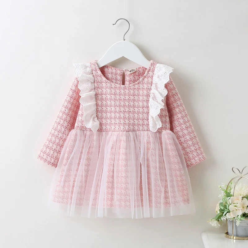 Платье для девочек кружевное с оборками Сетчатое длинным рукавом на возраст 0-18