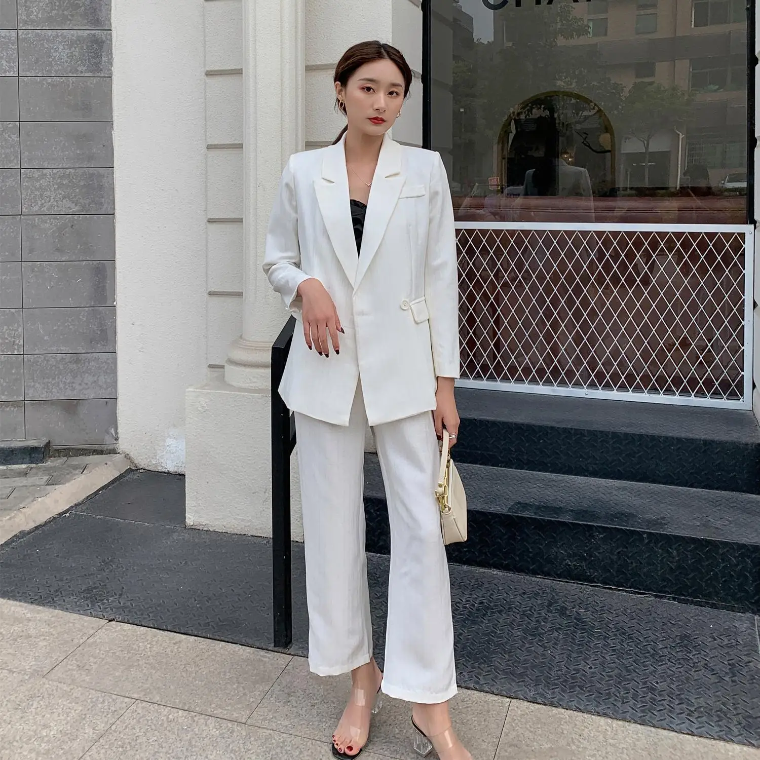 

Spring And Autumn White Women's Pantsuit Elegant Two Piece Set Single Buckle Striped Slim Blazer Girly Professional Suit Female
