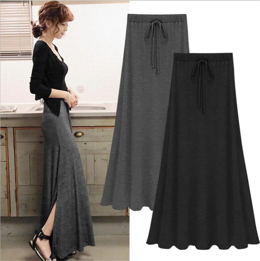 

Sexy Summer Slit Side Skirt Women Fashion Casual Long Maxi Skirt Sexy Stretchy Solid Lace-Up Gray Black Skirts