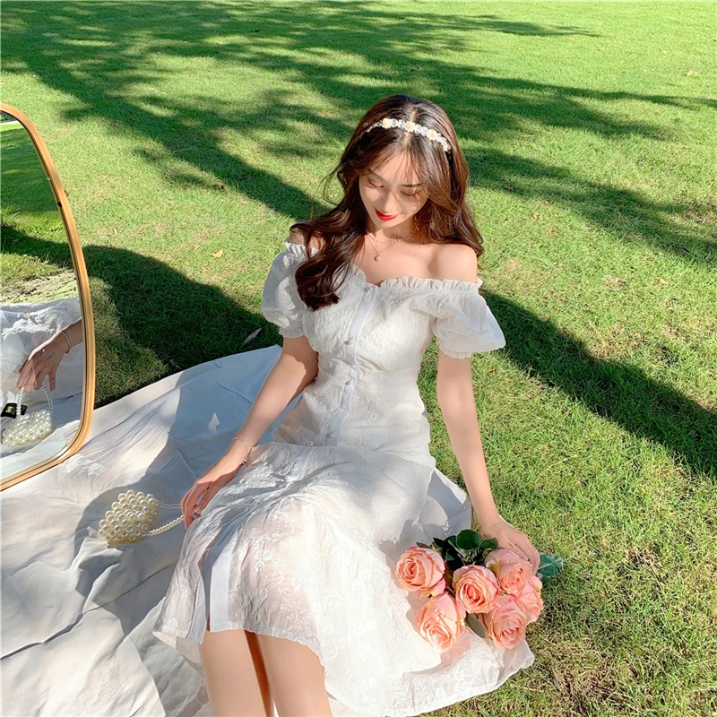 

One-Shoulder Sexy Split Chiffon Dress New Female Knee Length Dress French Retro Beach Dress Y923