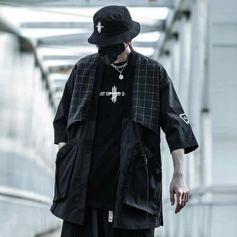 

Рубашка HOUZHOU Techwear мужская с коротким рукавом, винтажная клетчатая кофта, кардиган в японском стиле, уличная одежда в стиле хип-хоп, Харадзюку