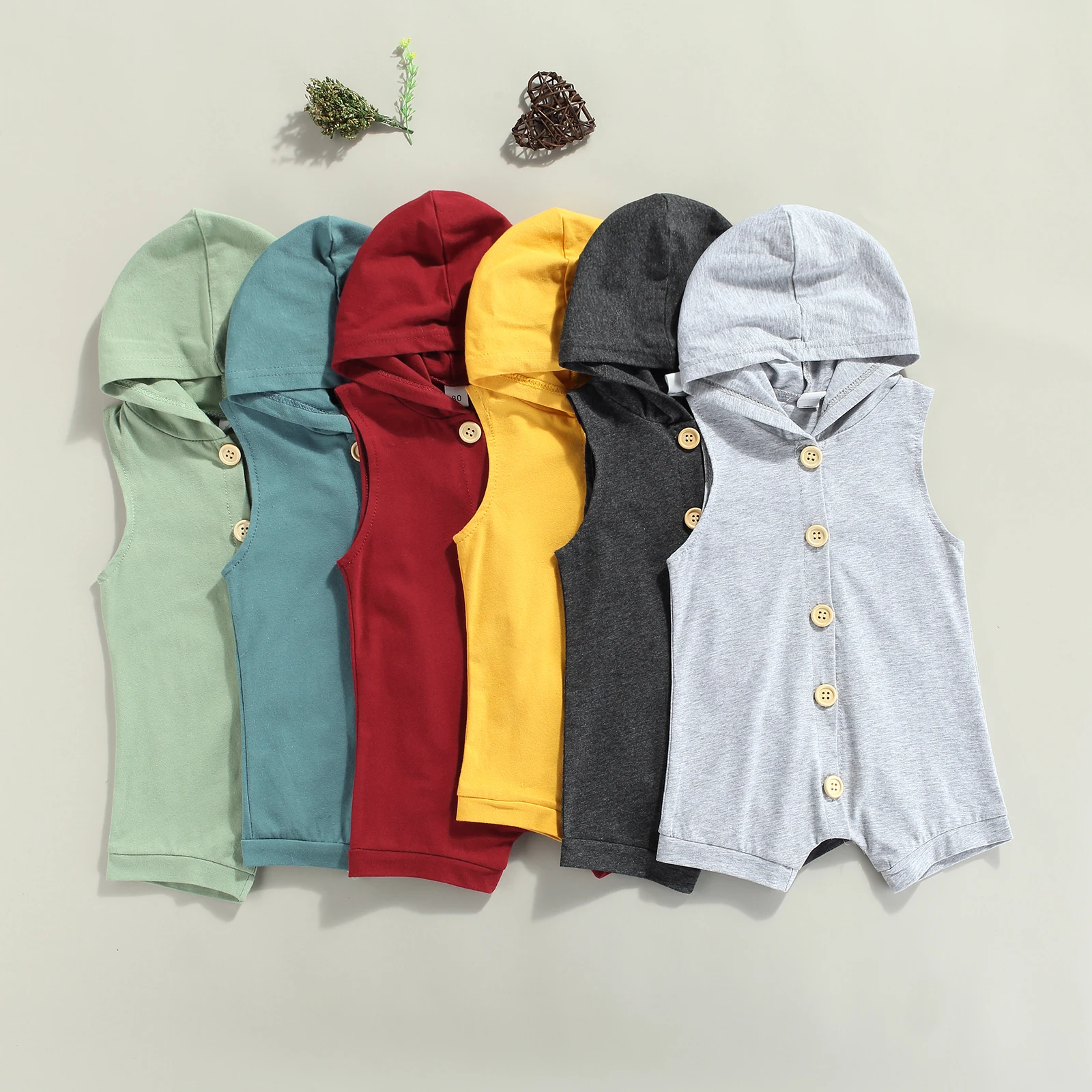 

2021 Casual Breathable Baby Girls Boys Romper, Infant Summer Simple Style Solid Color Hooded Sleeveless Button Jumpsuit