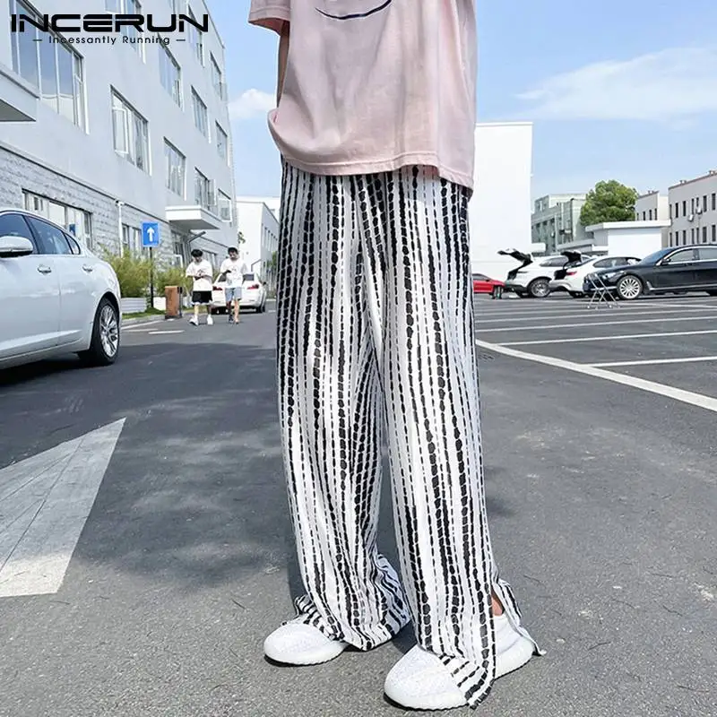 

INCERUN 2021 модные мужские брюки в Корейском стиле ретро с принтом разрезами и широкими штанинами свободные прямые драпированные повседневные ...
