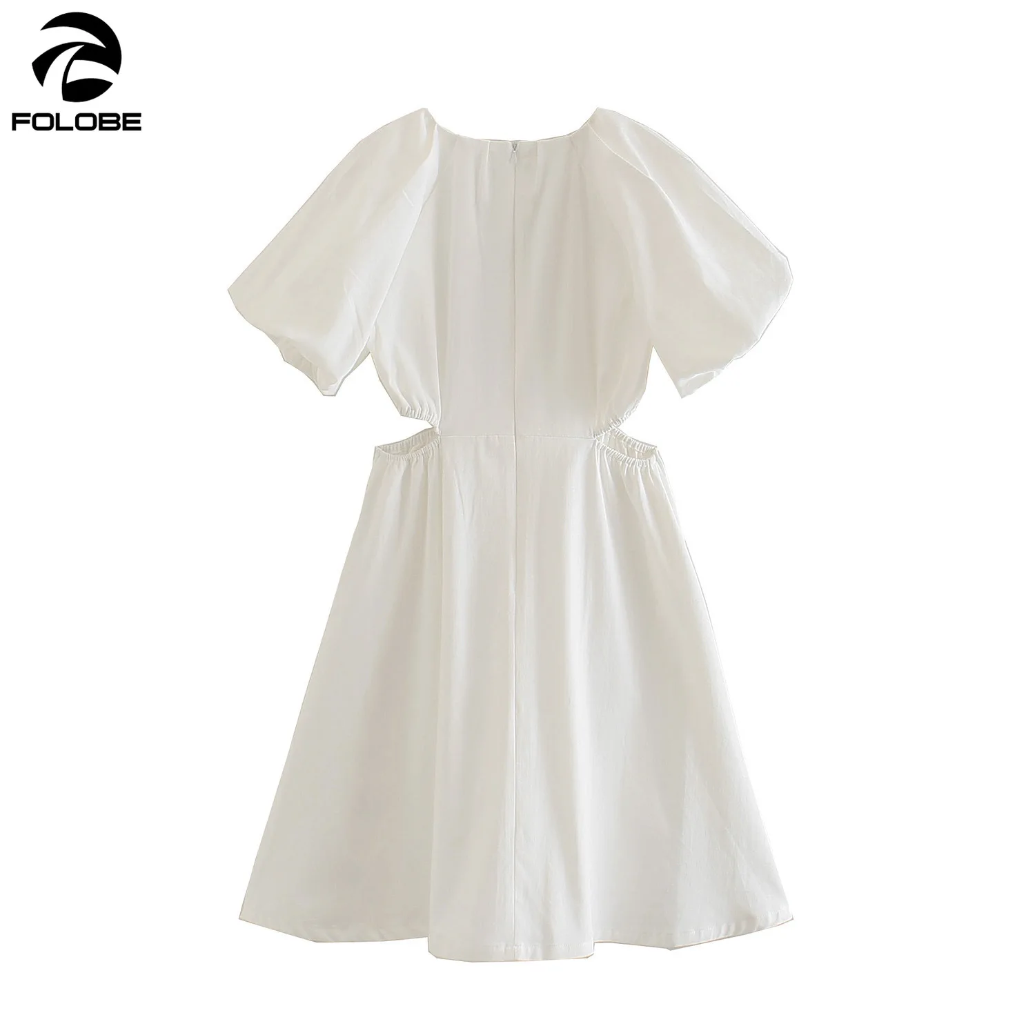 

FOLOBE 2021 White Cotton Dresses Women Puff Sleeve O-neck A-line Hollow Out Pleated Short Dress Female vestido feminino