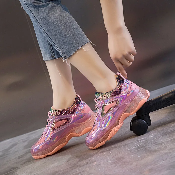 

Fashion Silver Sport Transparent Bottom 2019 New Women Running Shoes Outdoor Height Increasing Colorful Ladies Sneakers