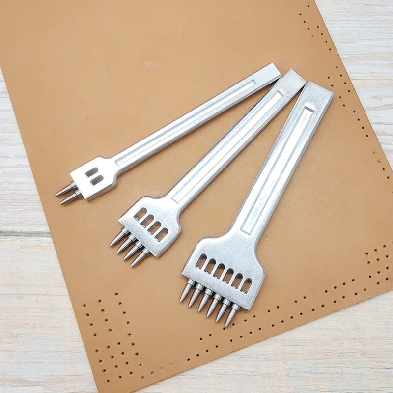 

808B 3pcs Leather Prong Punch Tool Set 4mm 2/4/6 Holes Steel Row Circular Cut Round Hole DIY Diamond Lacing Stitching Chisel