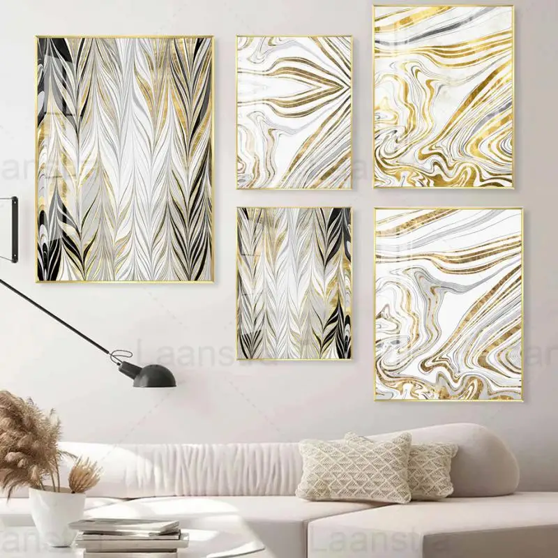 

Luxury Wall Art Modern Abstract Golden Geometric Line Canvas Painting Nordic Posters and Prints Wall Art Living Room Home Decor