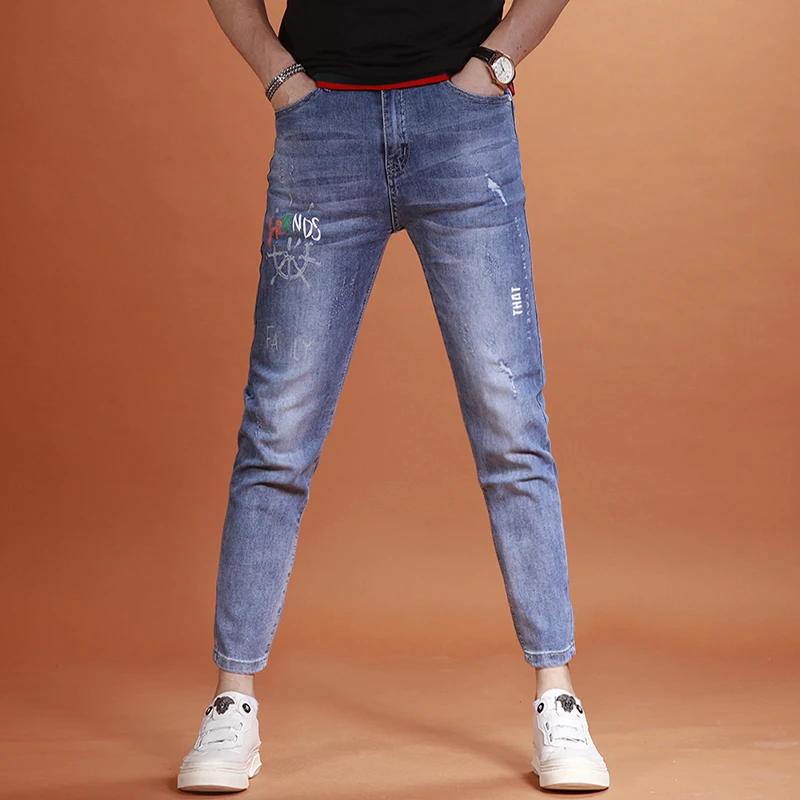 

Summer Men Fashion Printed Blue Ripped Jeans Streetwear Casual Slim Fit Ankle-Length Pants Denim Trousers