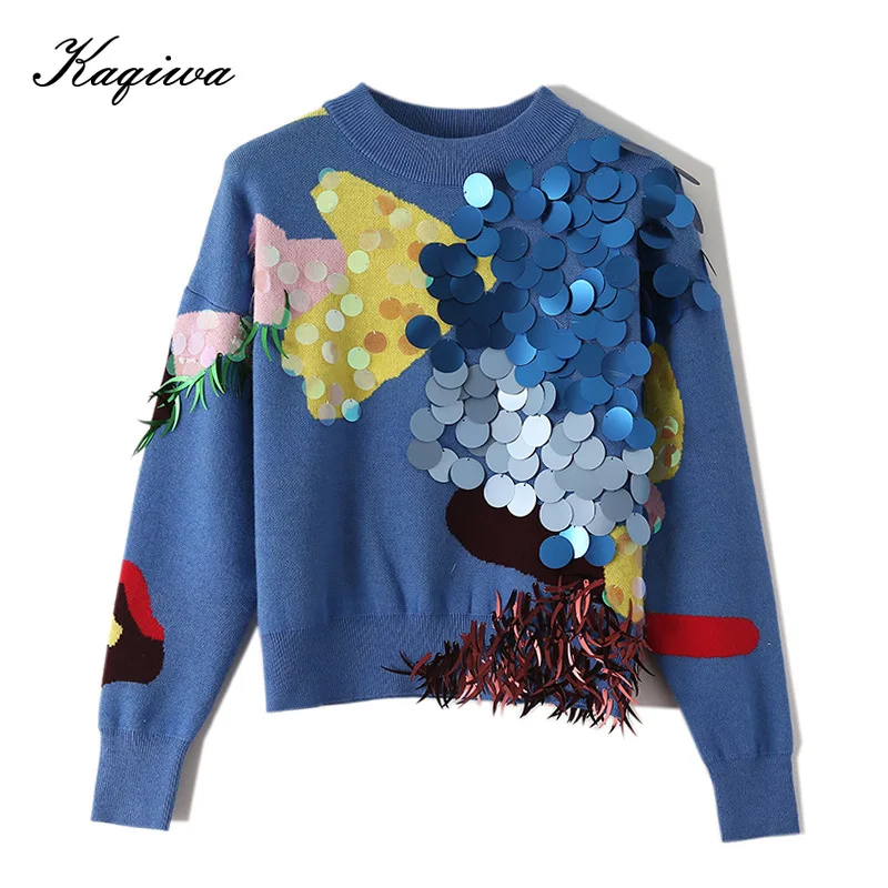 Heavy industry Sequin tassel color sweater women 2020 spring Autumn New Korean fashion short round long sleeve knitted B-016 | Женская