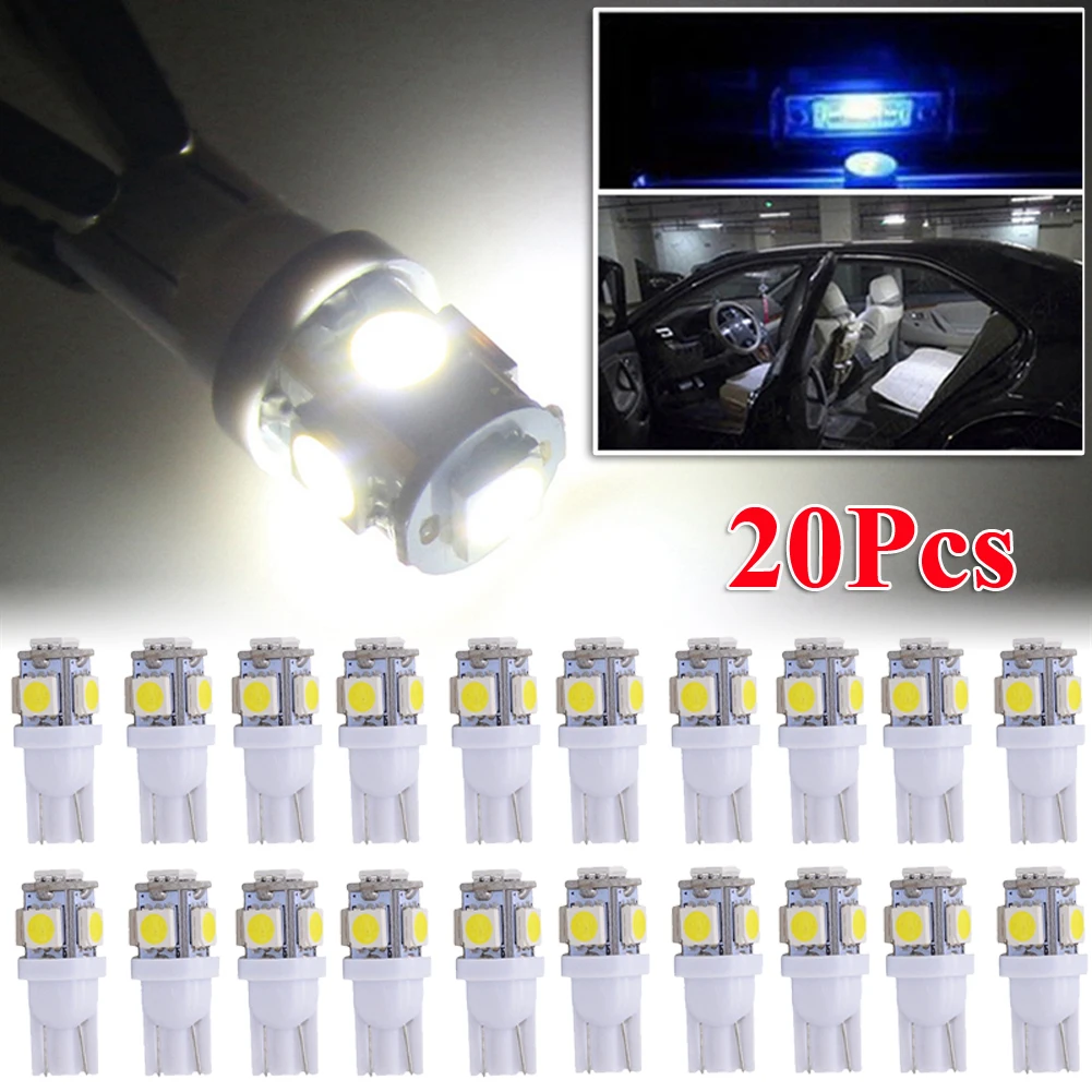 

20Pcs T10 LED Car Light Bulb White 5050 5SMD Wedge 1W 80LM194 168 2825 158 192 Width Indicator Lights LED Bulb Car Accessories
