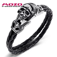 2020 mens jewelry black genuine leather bracelet stainless steel skull skeleton punk charm women bangle gifts for men