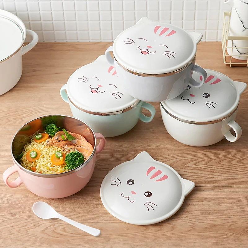 1 шт. Милая миска для лапши с крышкой из нержавеющей стали ручкой контейнер еды