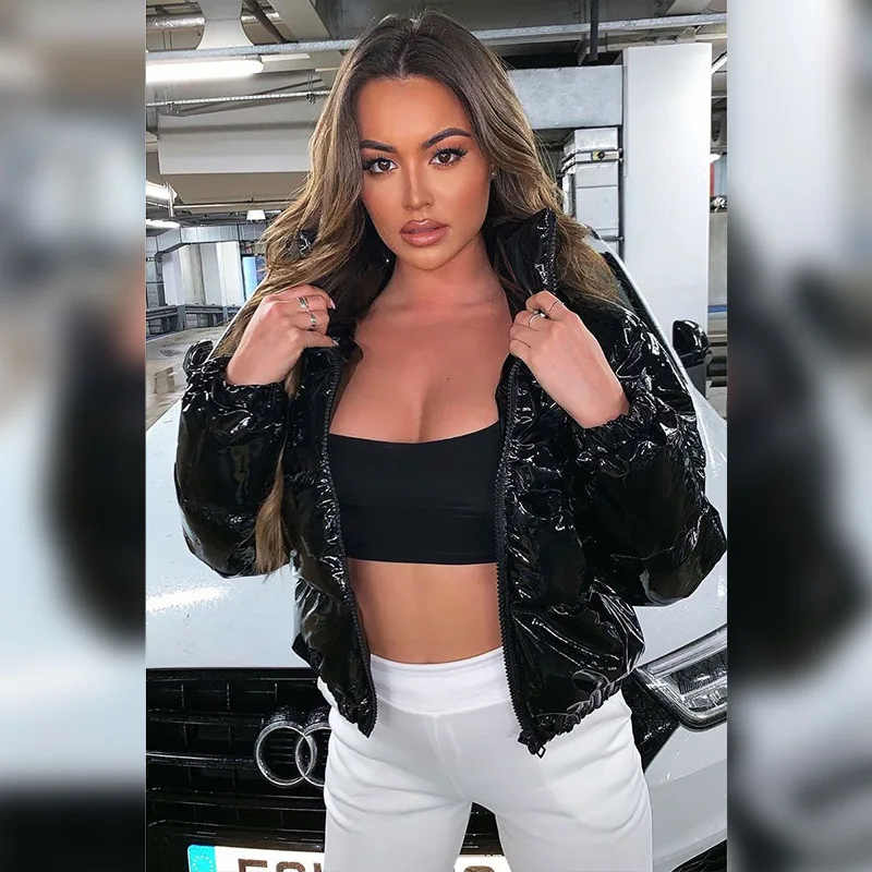 

Crop Bubble Puffer Coat Winter Parkas Faux PU Leather Warm Long Sleeve Women Outerwear Zipper Casual Solid Slim Hot Jacket