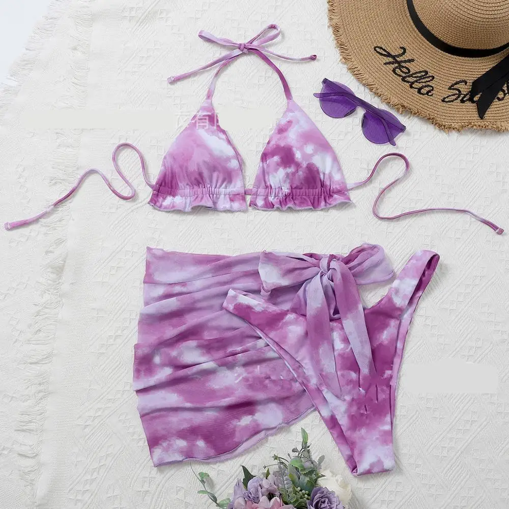 

Sexy Three Pieces Bikini Set With Beach Skirt Print Swimsuit Women Swimwear Brazilian Bathing Suit Summer Beachwear