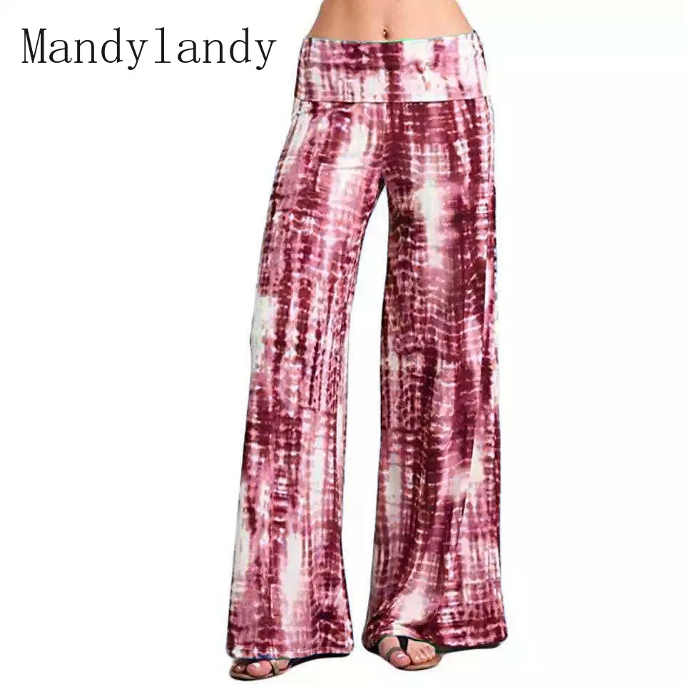 

Mandylandy Trousers Summer Fashion Mid Waist Outdoor Sports Wide-Leg Pants Women's Casual Tie-Dye Printed Loose Trousers