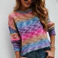 fashion colorful winter sweaters casual autumn pullover o neck long sleeve jumper knitwear rainbow striped ladies sweater