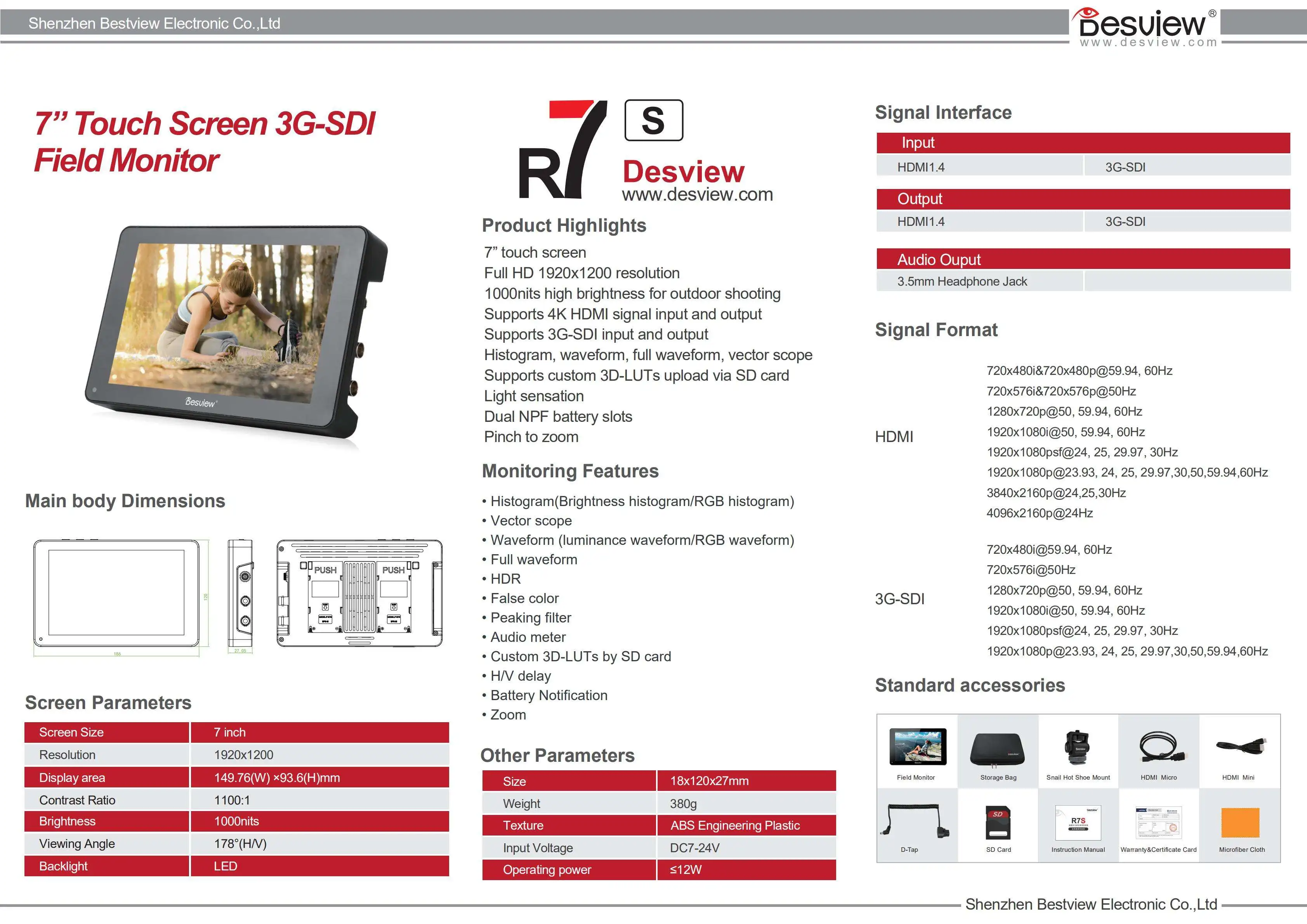 Bestview R7S " 7 дюймов 3D сенсорный экран монитор 4K HDMI SDI интерфейс Full HD 1920x1200 монитор полевой камеры для видео в реальном времени