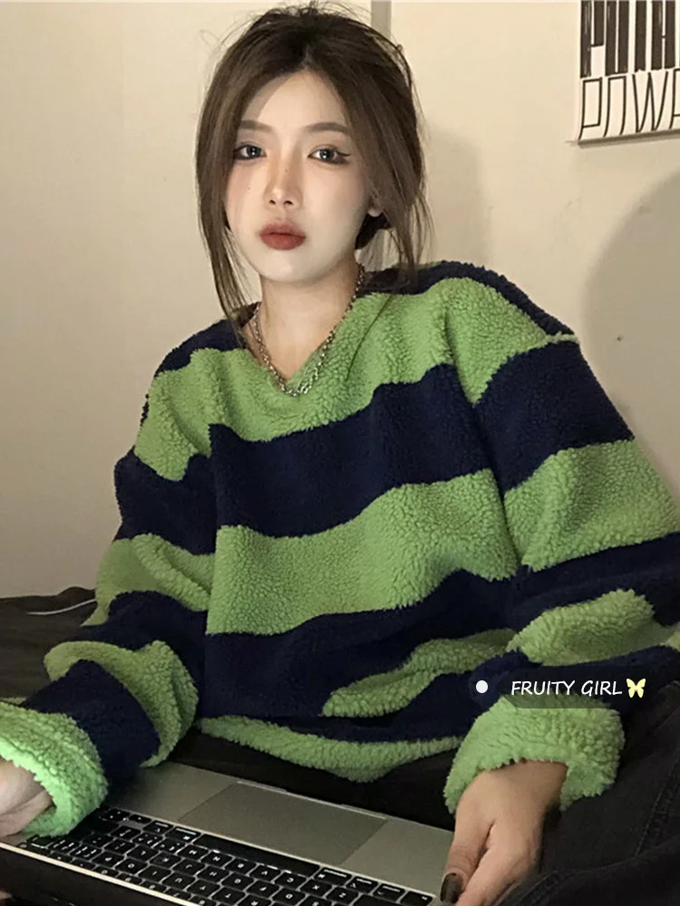 

Fraity Korean chic striped lamb wool sweater women's autumn and winter loose medium length Plush topNuyoah