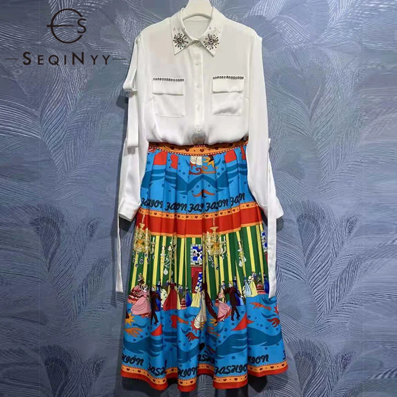 

Женский винтажный комплект с юбкой SEQINYY, белая рубашка с длинным рукавом и кристаллами и плиссированная юбка с высокой талией, осень-весна