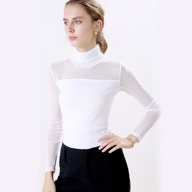 Женские рубашки с длинным рукавом, детская водолазка Ladey, футболки, Blusas, черные, белые, осенне-зимние, с сеткой, женская одежда