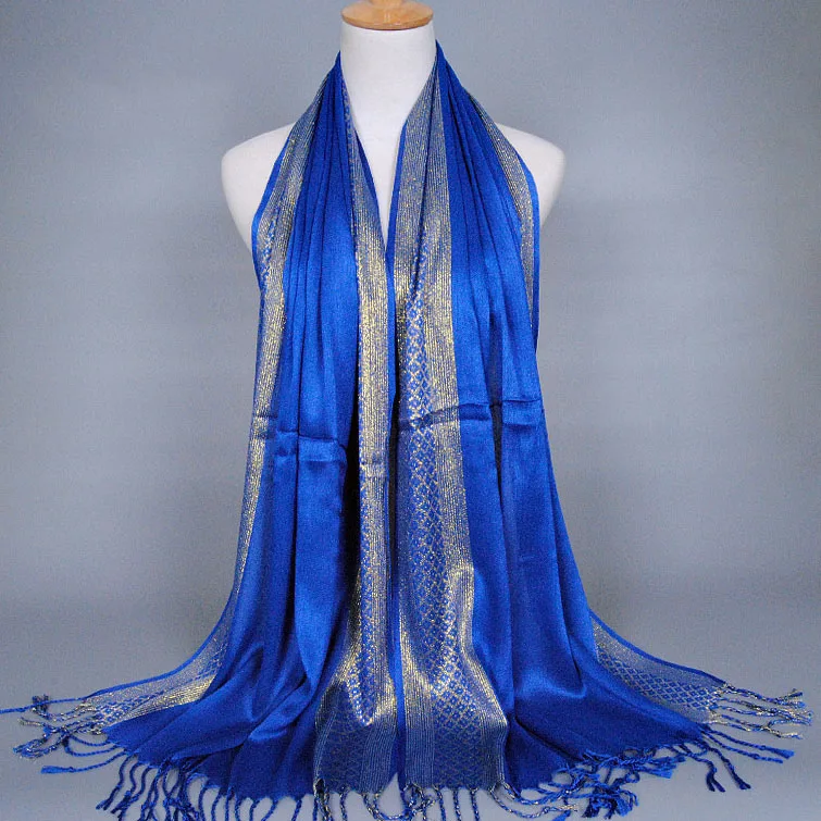blue Cotton Lady Scarf Islamic Hot Sale Golden Thread Headband 16 Colors Scarves Women Soft Shawl Tassel Wrap - Цвет: blue