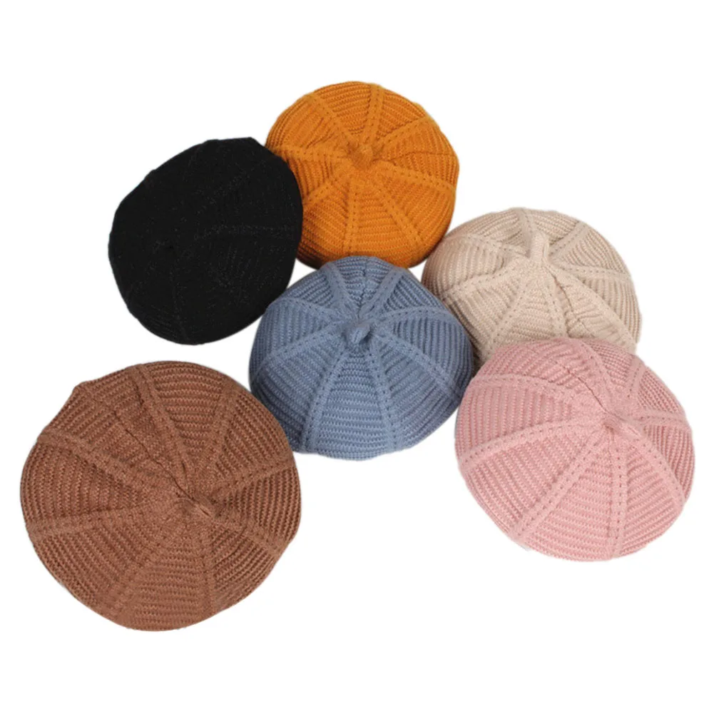 Однотонные детские шерстяные шапки теплые береты принцессы для девочек вязаная