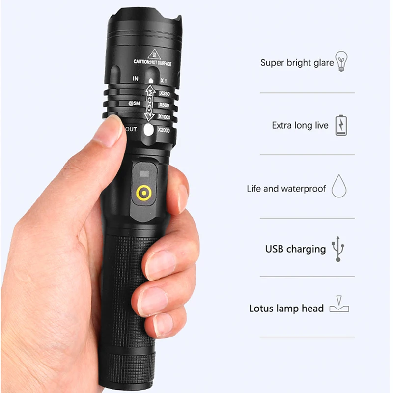 Светодиодный фонарик cree xhp70 с usb зарядкой растягивающийся зум ударопрочный