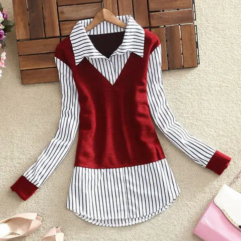 

Women 2021 Autumn Winter New Fashion Patchwork Striped Shirt Fashion Fake Two Piece All-match Femme Blusas Chic Slim Blouses E13