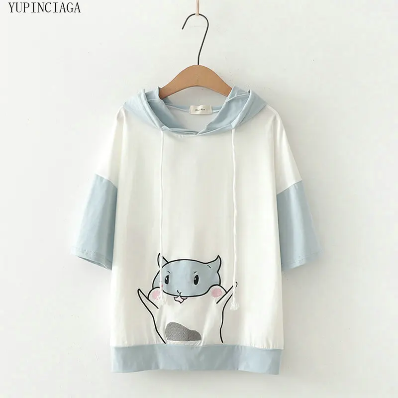 

2020 Summer Women Sweet Cartoon Hooded Sweatshirts Short Sleeve Pullover Tracksuits Ins Girl girlfriends Patchwork Hoodies
