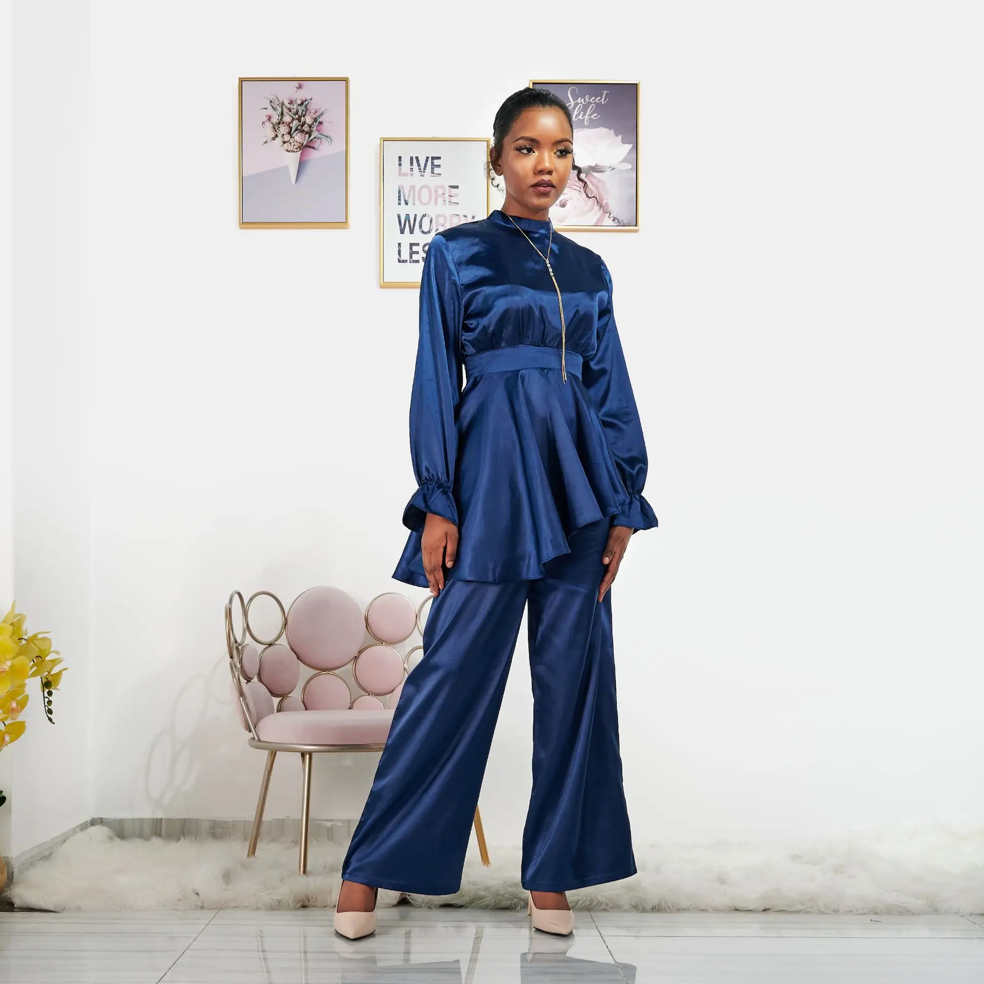 Элегантные шелковистые костюмы из двух предметов атласная шелковая абайя туника