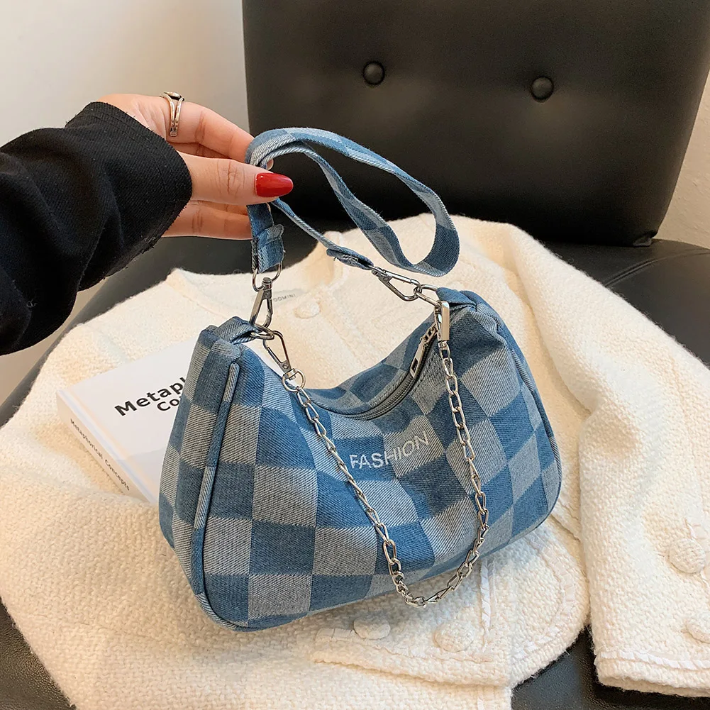 

Модные женские сумки на плечо, джинсовая сумка под подмышку, Женская Повседневная клетчатая дизайнерская маленькая сумочка, деловые сумки