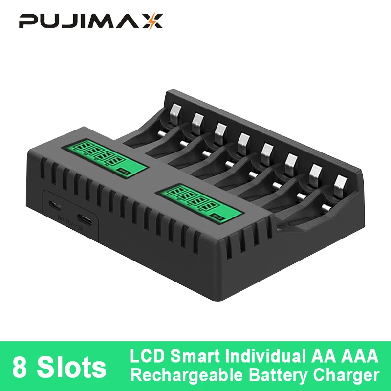 

PUJIMAX 8-slot Battery Charger Suitable AAA/AA Rechargeable Battery Short Circuit Protection LED Display Ni-MH/Ni-Cd USB Charger