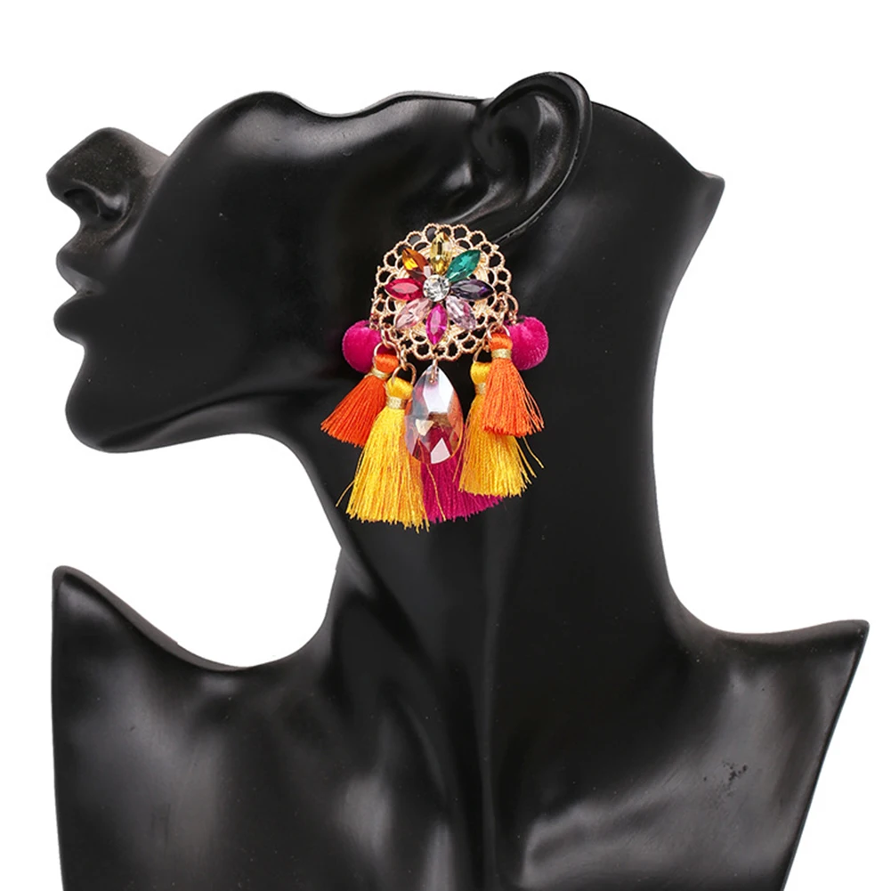 Boho Women Rhinestone Tassel Pompom Dangle Stud Earrings Long Statement Jewelry | Украшения и аксессуары