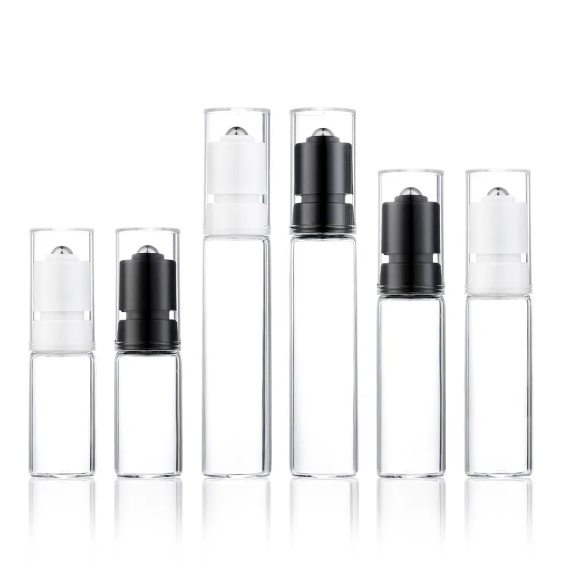 

20pcs10 15 20ml New Style Press Lock Clear Glass Roll On Bottles Essential Oils Roller Bottle Perfume Vials with White Black Lid