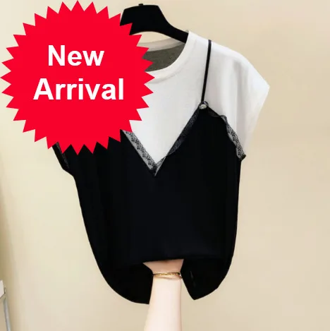 

2020 Summer White Black Tshirt for Women Lace Stitching Thin Knitted T-shirt Short Sleeve Top Ladies Tops T Shirts Nancylim