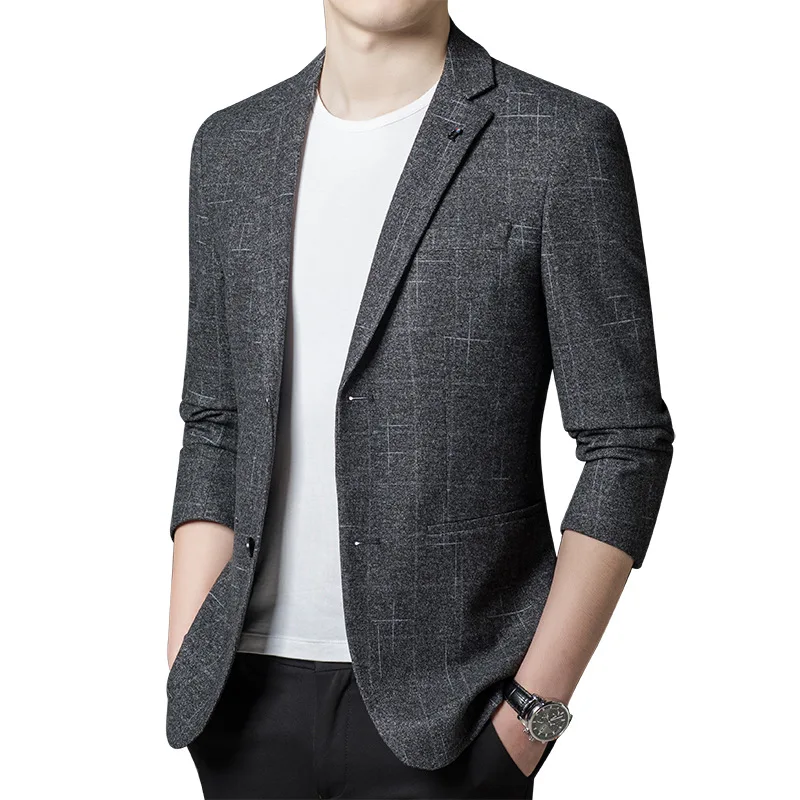 

2022 Men's Autumn and Winter Thick Stretch Non-Ironing Plaid Slim Fit Suit Youth Business Casual Double Button blazer