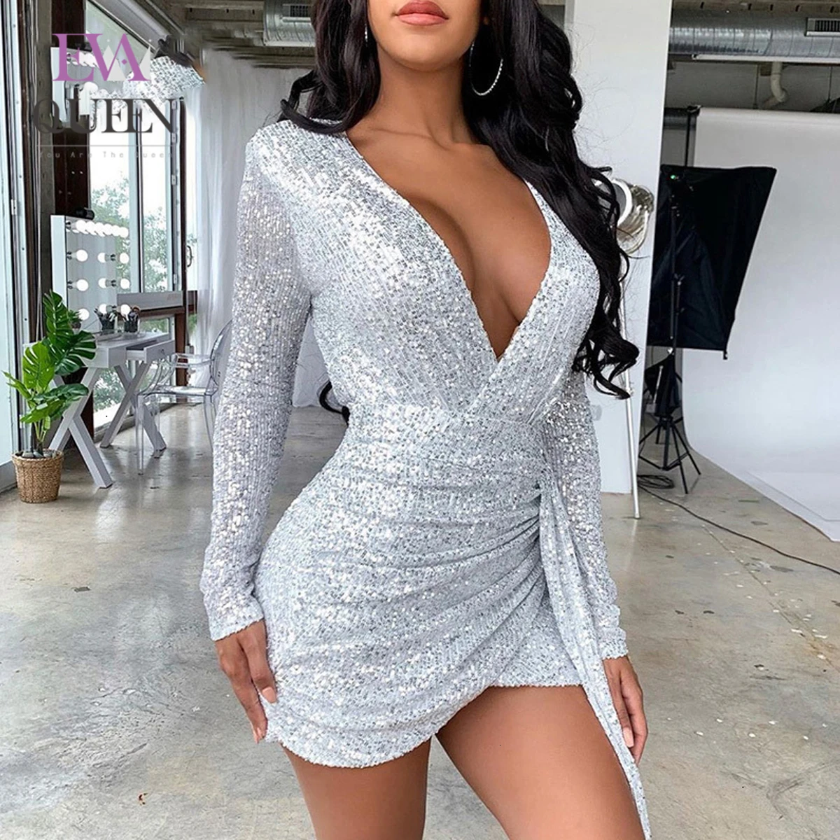 Сексуальное женское платье EvaQueen с блестками вечернее мини глубоким V образным