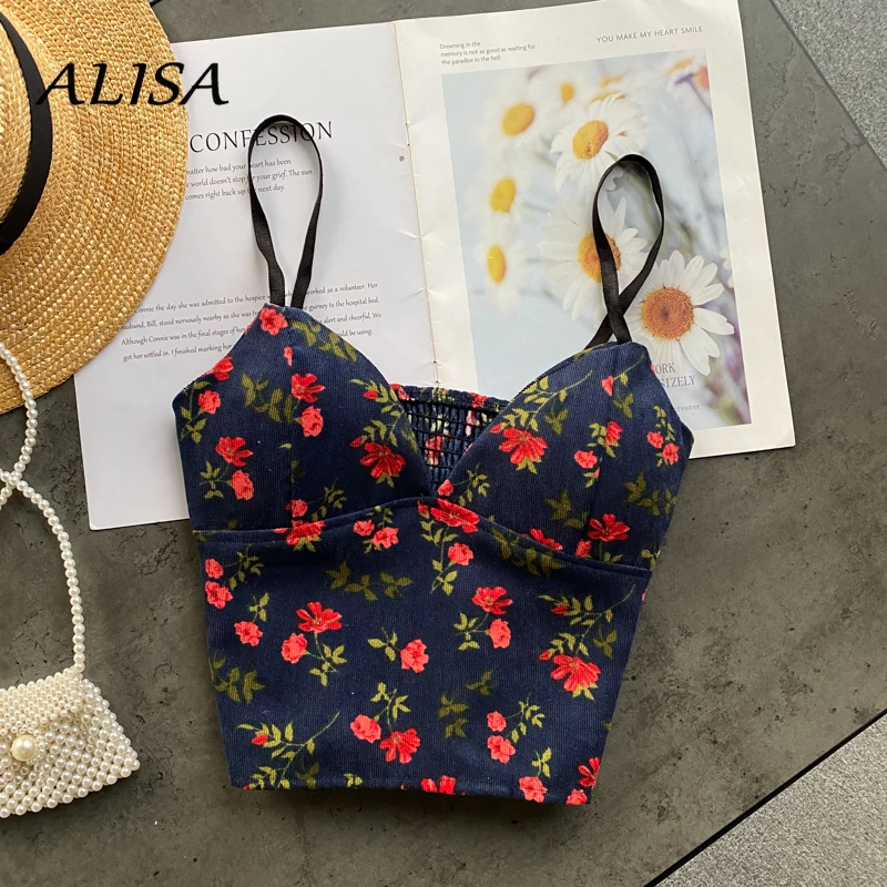 

Women Retro Corduroy Corset Camisole Summer Sexy V-neck Boho Floral Printing Tank Tops Ladies Cropped Top