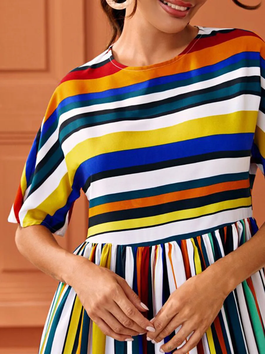 Boho Полосатое лоскутное ТРАПЕЦИЕВИДНОЕ ПЛАТЬЕ МИДИ Лето 2020 элегантное офисное