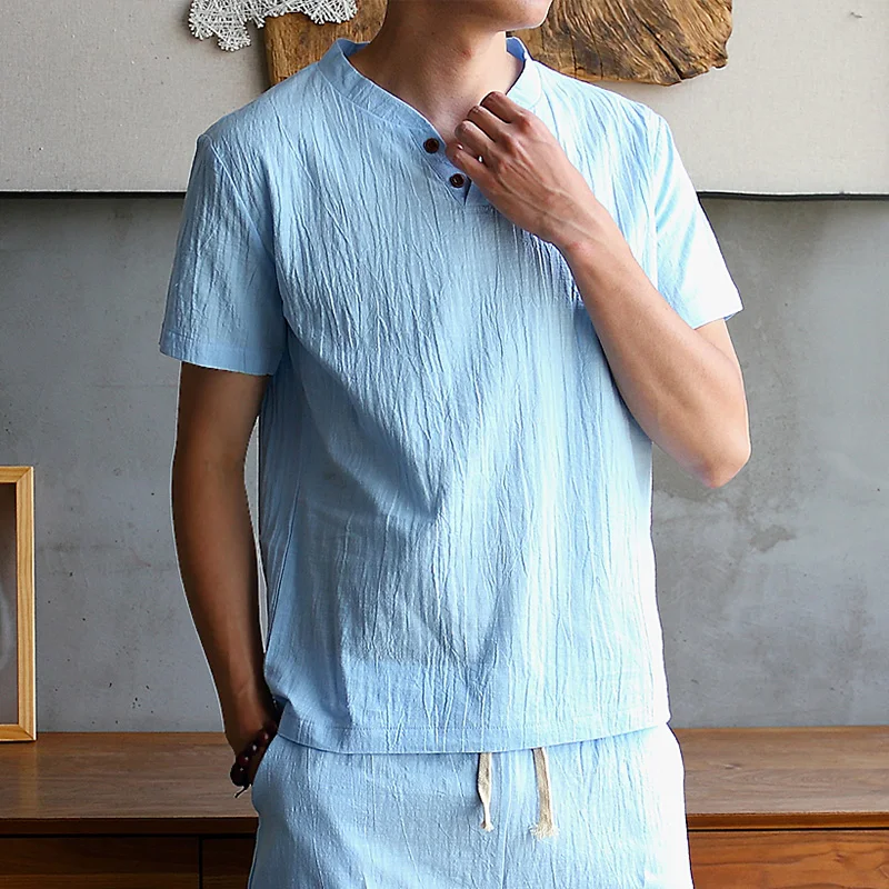 

2021 latest laid-back cotton short-sleeved t-shirt men's Chinese hemp top large size loose linen T-shirt men's