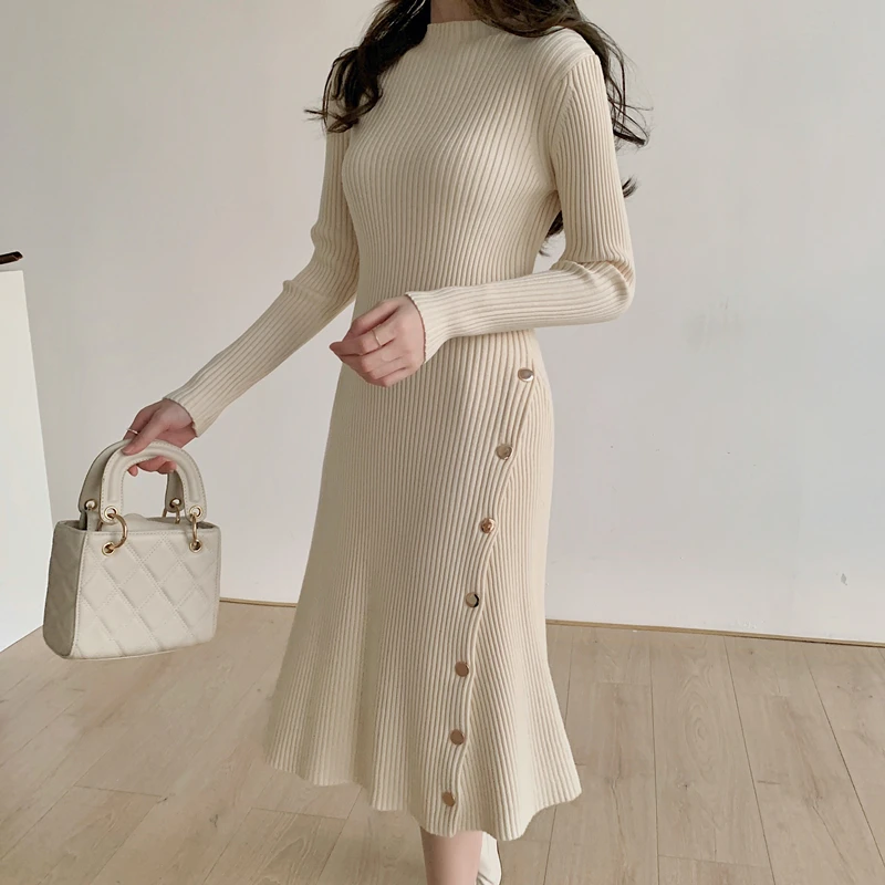 

Croysier Women Mock Neck Long Sleeve Button Casual Knitted Dress Fall Winter Knee Length Midi Dress Elegant Ribbed A Line Dress