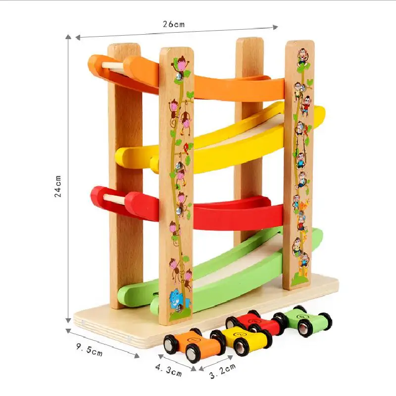

Wooden Glider Fruit Forest Track Car Toys Four Floor Inertia Gravity Roller Coaster Montessori Education Children Fast Track Car