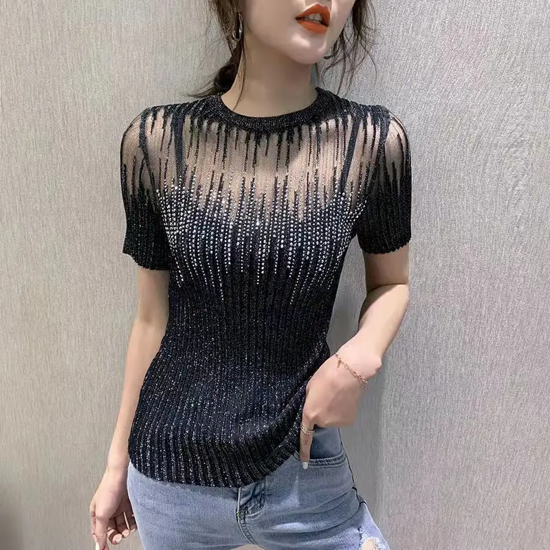 Женская футболка с коротким рукавом черная ажурная Сетчатая большого размера XL