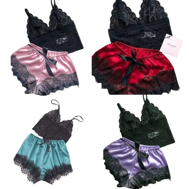 

Для женщин сексуальные ресниц кружевное белье в цветочек, набор, v-образный ворот, укороченный топ с бантом пижама из искусственного шелка, ш...