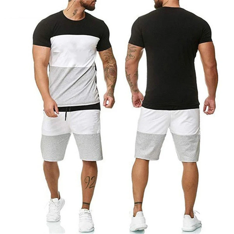 

Summer New Men's Top + Bottom Outdoor Sports Suit Three-color Splicing Fashion Running Casual Suit