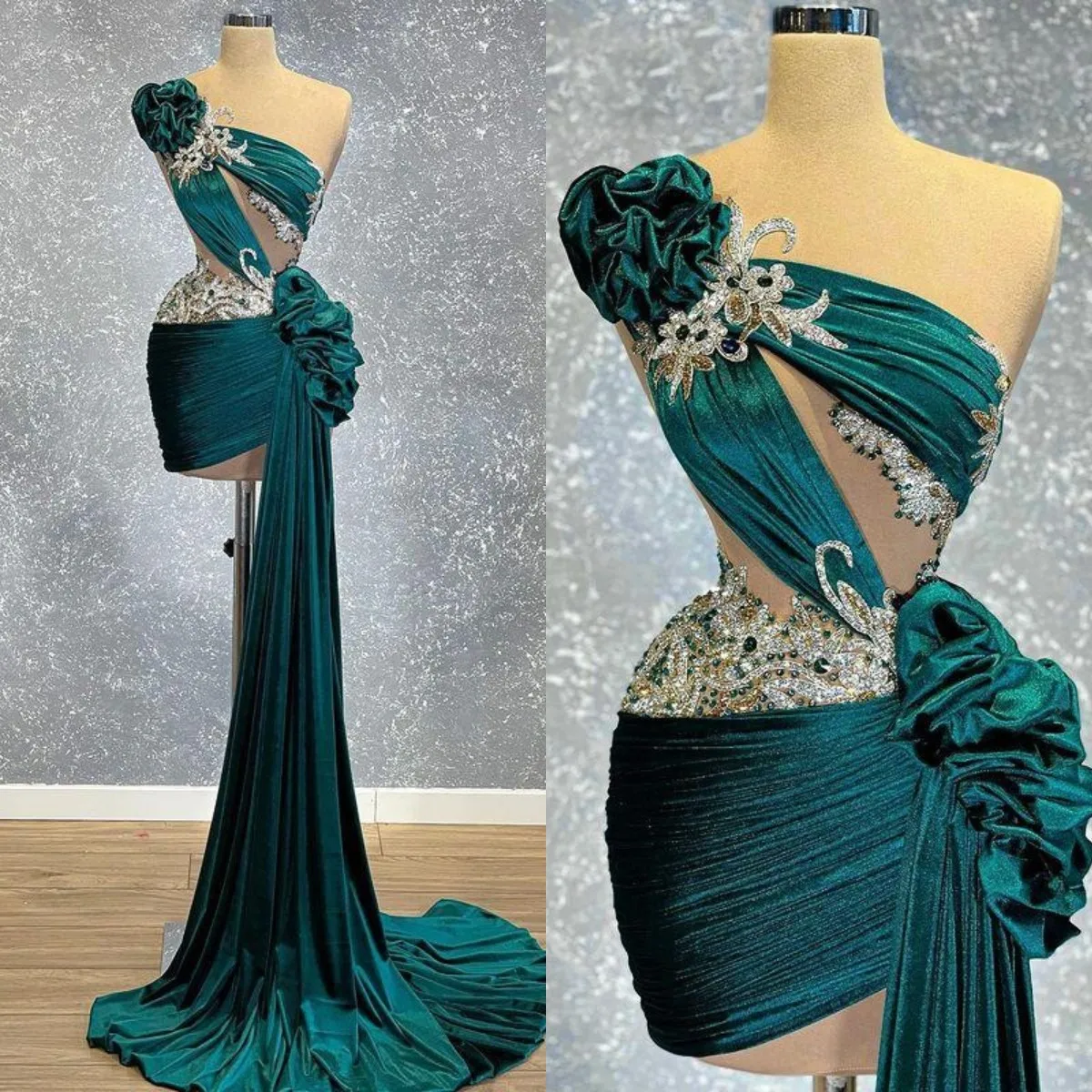 

Hunter Green Stylish 2022 Sheath Prom Dresses Beaded Crystals One Shoulder Evening Formal Party Second Reception Gowns
