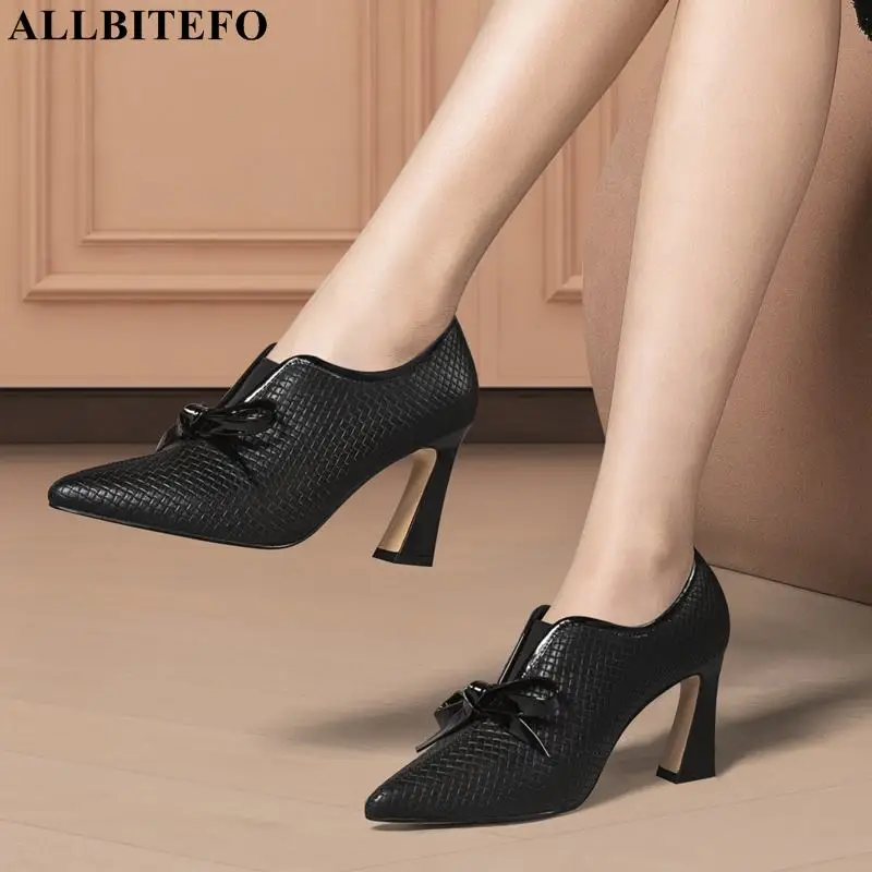 

ALLBITEFO bowkont fashion real genuine leather high heels leisure street women pumps high heel shoes party wedding shoes