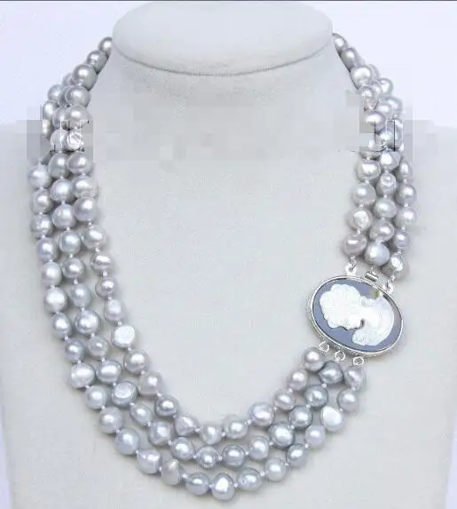 

Baroque 16"-18" 3row 9mm gray pearls necklace seashell clasp j10078