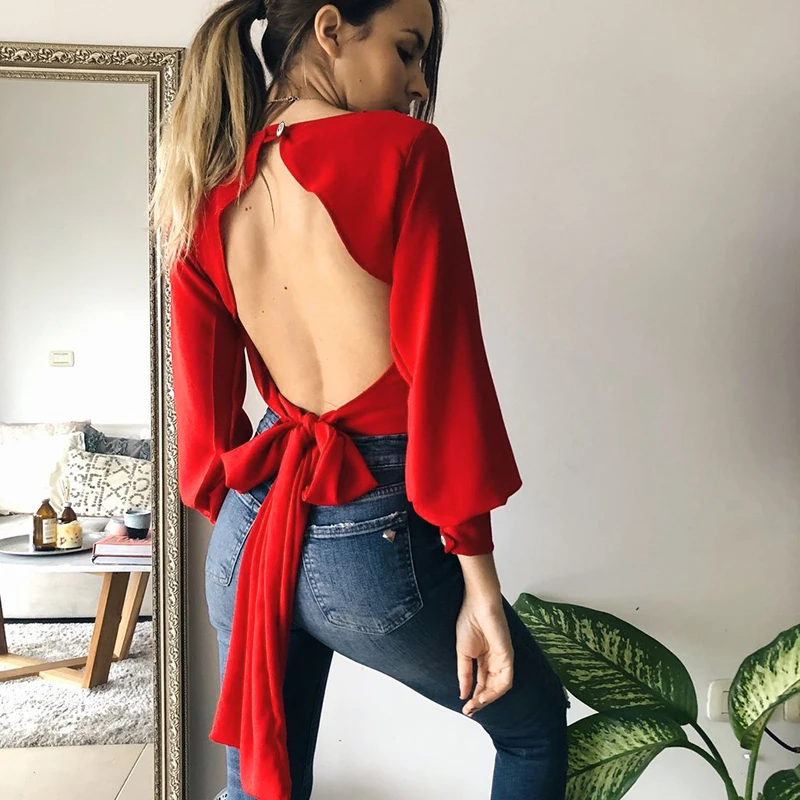 Новинки осени Для женщин с длинным рукавом Тонкая блузка низким вырезом на спине